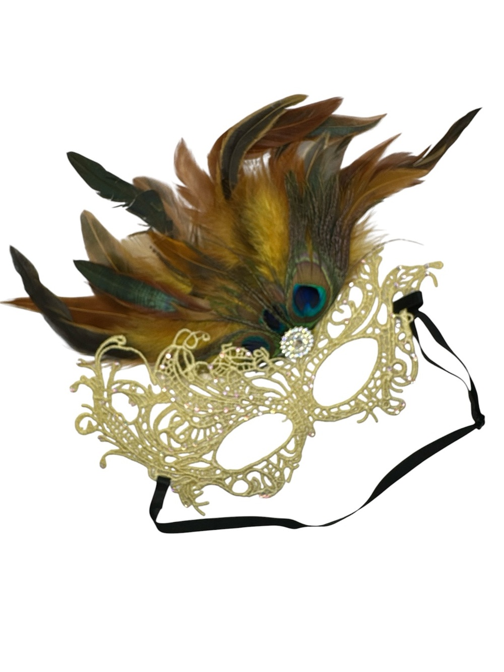 2 PCs Woman Feathered Lace Brown Masquerade Eye Mask And Hair Accessory Hallowee